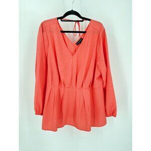 Long Sleeve V Neck Peplum Top Tie Neck Pleated Front Size 20 Elastic  Sleeve